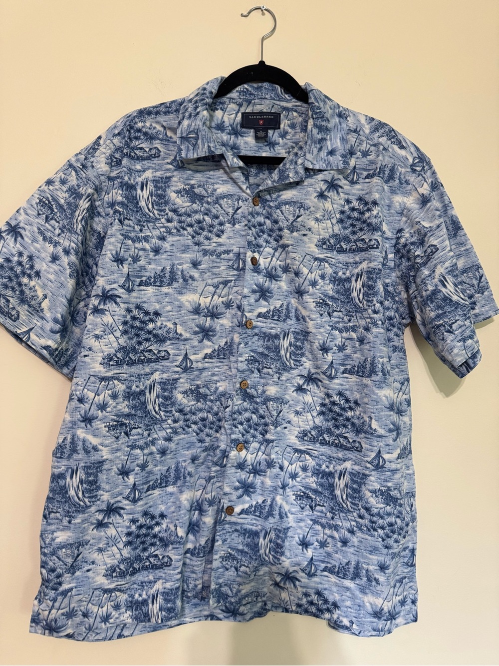 Saddlebred Blue and White Tropical Print Camp Shirt